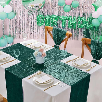 Sequin Table Runners 2 Pieces Emerald Green Table Runners 12x72 Inch Glitter Dining Table Cover for Party Wedding Birthday Reception Banquet Decoration Spring Party Chair Sashes
