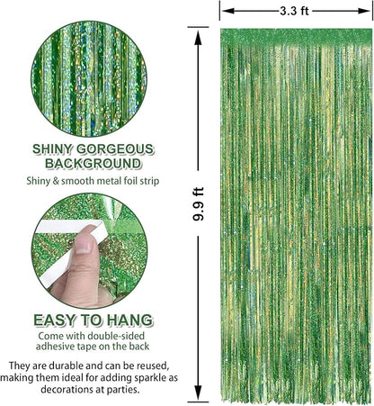 Crosize 2 Pack 3.3 x 9.9 ft Laser Green Foil Fringe Curtains Party Decorations, Laser Green Tinsel Curtain Backdrop for Parties, Door Streamers, Glitter Streamer Backdrop for Birthday Decoration