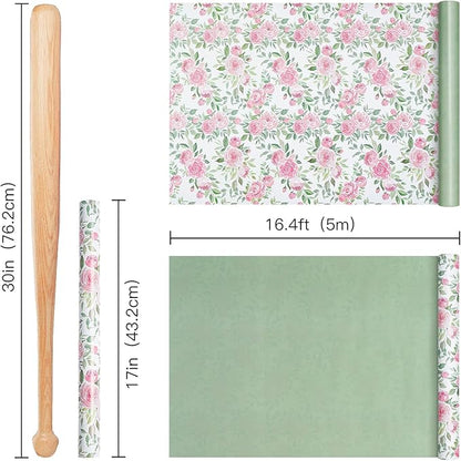 RUSPEPA Reversible Floral Wrapping Paper Roll for Girls Women, Mini Roll, Pink Rose Design and Green Solid Color, Elegant Gift Wrap for Birthday, Mother’s Day, Bridal Shower, 17 Inches x 16.4 Feet
