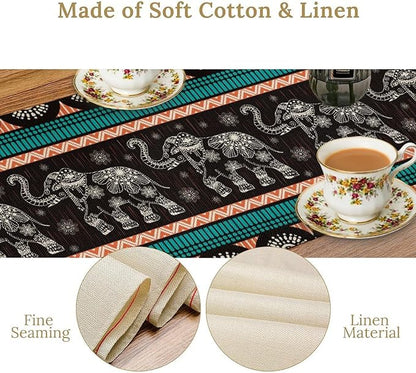 Boho Elephant Table Runner, Vintage Tribal Traditional Bohemian African Animals Ethnic Folk Table Center Decor for Home Kitchen Dining Patio Holiday Party Indoor Table Decorations, 13"x108" Inch