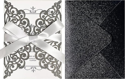 50Pcs Laser Cut Black Wedding Invitation With Glitter Envelopes And Ribbons Blank Personalized Card Invitaciones Para quinceañera Birthday Baby Shower Christmas Party Bridal Shower