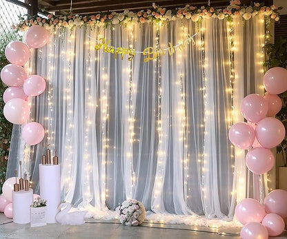 White Backdrop Curtains with Lights String for Wedding Parties 10×10ft Sheer Tulle Backdrop Curtain for Bridal Shower Baby Shower Birthday Party Photo Shoot Background Decorations(2 Panels 10ft×10ft)