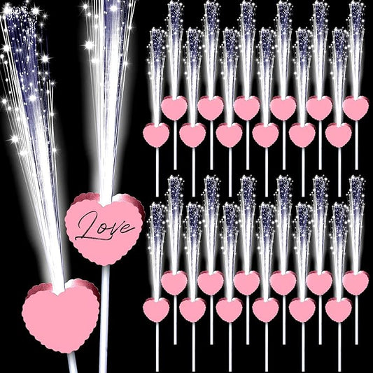 24 Pcs Wedding Sparklers Heart Shaped LED Glow Sticks Fiber Optic Wands Light up Wand with 3 Light Mode for Wedding Bridal Shower Birthday Glow in the Dark Party Supplies (Pink)