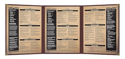 Goodsmart Pajco Style Restaurant Menu Covers – Pack of 10, Side-Load Fold-Out Menu Holders, Single Stitched Edge Clear Vinyl Menu Sleeves, Leatherette Trim Gold Corners, Burgundy, 3 View (8.5" x 11")