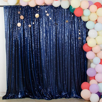 ShinyBeauty Navy Blue Backdrops 2 Pieces Sequin Curtains 4FTx7FT Photograph Background Shimmer Curtain Panels Sequins Fabric Glitter Backgrounds for Wedding, Party, Photobooth Decor