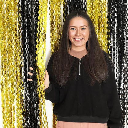 4 Pack Black and Gold Wavy Foil Fringe Curtains Pirthday Decorations,3.3 ft x 6.6 ft Metallic Foil Curtains Streamers for Party Photo Booth Props Background Decoration