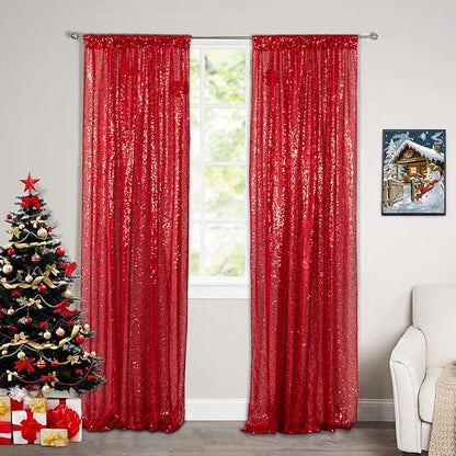ShinyBeauty Sequin Curtains 2 Panels Red 2FTx8FT Sequin Photo Backdrop Red Sequin Backdrop Curtain Pack of 2-1011E