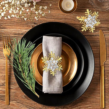 Halatool Christmas Napkin Rings Set of 6, Gold Snowflake with White Rhinestone Napkin Holder for Christmas Thanksgiving Winter Holiday Place Setting, Weddings, Party Table Decoration