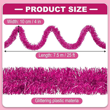 25 Feet Metallic Twist Tinsel Garland Backdrop for Parade Floats, Christmas Eve, New Year, Valentine's Day Party Decorations (Fuchsia, 4in x 25ft)