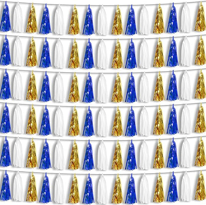 6P Navy-Blue White-Gold Foil Fringe Metallic Tassel-Garland, Tassels Banner Streamers for Parade Floats, Bachelorette, Wedding, Birthday, Graduation, Christmas, Bridal/Baby Shower Party Decorations