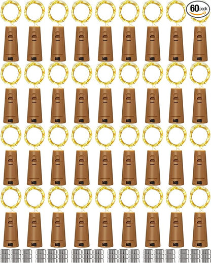 Hortsun 60 Pack Wine Bottle Lights with Cork Fairy Mini String Lights Battery Operated Mini Waterproof 7 ft Silver Wire 20 Led Cork Shape for Christmas, DIY, Party, Decor, Wedding, Bar(Warm White)