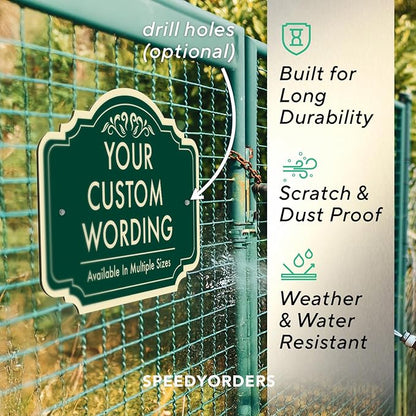 Custom Decorative Outdoor Metal Sign - Personalized Aluminum Driveway Sign, Waterproof, Made In USA - Design 2 Forest Green 14x10 In