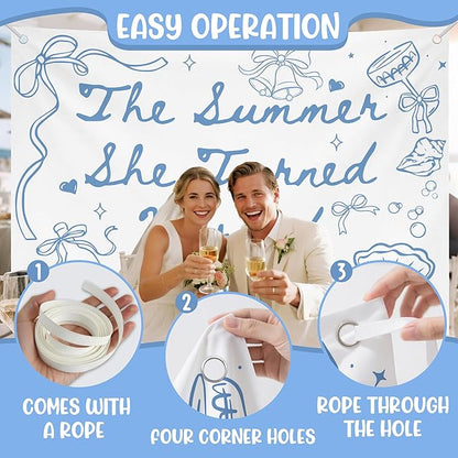 The Summer She Turned Married Backdrop - Beach Wedding Party Decorations - Bridal Shower Bachelorette Party Background Blue