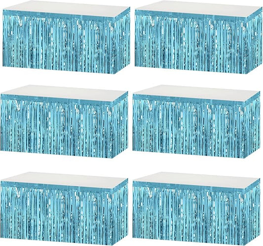 6 Pack 29x108 Inch Metallic Foil Fringe Tinsel Table Skirts Banner for Rectangle Tables Streamer Garland Backdrop for Wedding, Birthday, Parade Floats, Halloween Party Decoration(Light Blue)