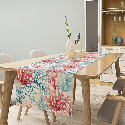 Blue Beach Table Runner, Tropical Ocean Coast Table Runner, Seashell Seasonal Nautical Restaurant Coffee Table Decorations for Home Holiday Party Indoor Outdoor 13x70 Inch