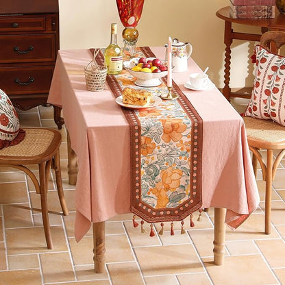 Designer Vintage Orange Floral Small Table Runner,French Farmhouse Soft Linen Coffee Table Runners 63 Inches Long,Decor Tabletop for Kitchen,Dining,Party,Home,Christmas,12"*63"