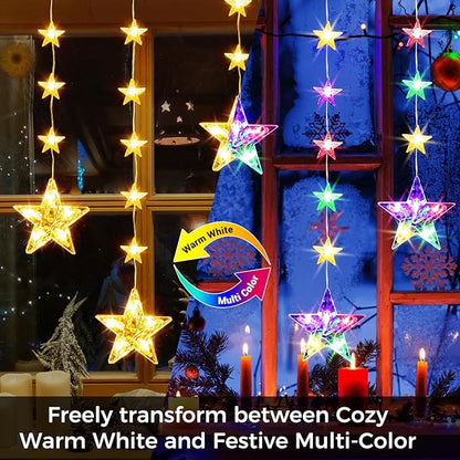 32 Stars Christmas Window Lights, IP65 Waterproof 52 LEDs Twinkle Star Fairy String Lights with 8 Modes Timer, Warm White & Multicolor, Battery Operated Hanging Xmas Star Decoration for Indoor Outdoor