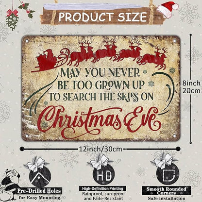 Christmas Signs Vintage Metal Tin, May You Never to Too Grown Up to Search The Skies Christmas Eve 8x12 Inch Rustic Wall Art for Festive Home Decor and Holiday Gifts