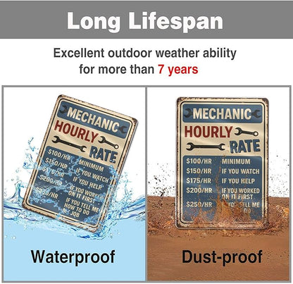 Funny Mechanic Hourly Rate Tin Sign - Vintage Metal Wall Decor for Garage, Auto Shop, or Man Cave - Hilarious Gift for Mechanics & Car Lovers 8"x12"