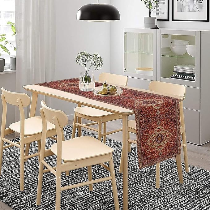 Boho Floral Vintage Table Runner, Paisley Retro Red Flower Rustic Country Farmhouse Abstract Pattern for Home Kitchen Table Decor Dining Coffee Room Party Decor 13x72in