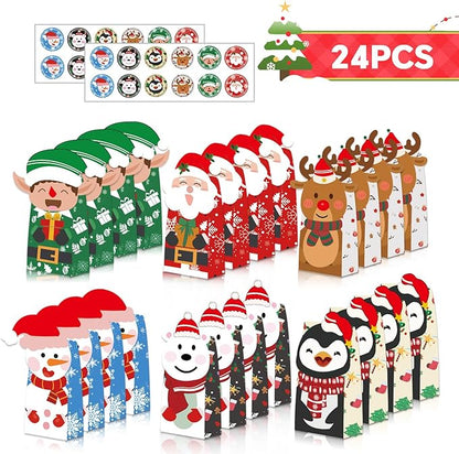 Tikitup 24PCS Christmas Treat Bags,24PcS Christmas Stickers,Xmas Cookies Wrapping Gift for Classrooms Holiday Party Supplies