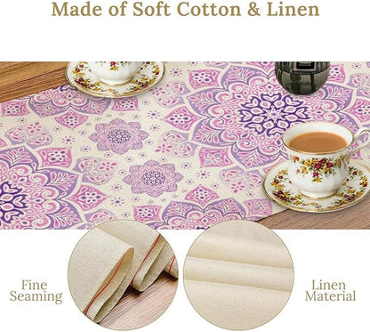 Purple Pink Mandala Table Runner, Traditional Indian Boho Mandala Flowers Print Table Runne for Kitchen Dining Table Office Wedding Party Holiday Home Decor, 13x36inch