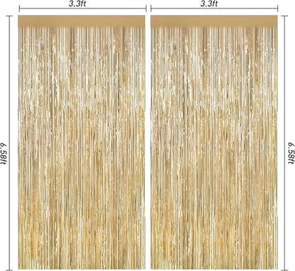 2Pack Champagne Gold Backdrop Birthday Decorations Foil Curtain Backdrop Gold Streamers Dance Party Decors Photo Booth Props for Bachelorette Decors Christmas Halloween New Years Eve Party Supplies