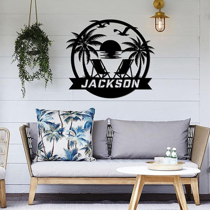 Personalized Beach Decor for Home, Custom Metal Sign Outdoor Nautical Decor, Palm Trees Coastal Wall Art, Family Last Name Sign, Housewarming Christmas Wedding Gifts
