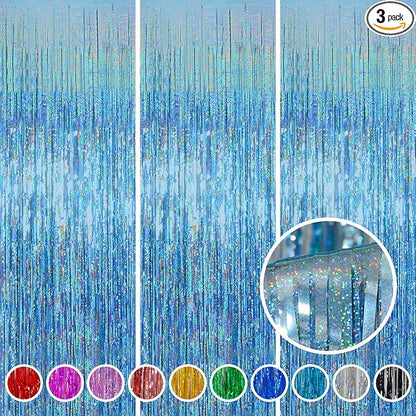 Foil Fringe Curtains Party Decorations - Melsan 3 Pack 3.2 x 8.2 ft Tinsel Curtain Party Photo Backdrop for Birthday Party Baby Shower or Graduation Decorations Light Blue
