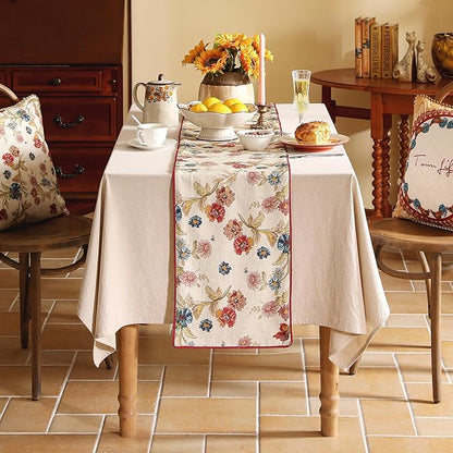 patdrea Designer Farmhouse Linen Thick Table Runner, Rustic Cottage Beige with Floral Pattern Fabric Table Mat, Decoration for Kitchen Dining Thanksgiving New Year Banquet Christmas, 12"*87"