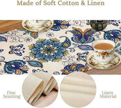 Oriental Paisley Table Runner, Luxury Vintage Blue Teal Floral Butterflies Print Table Runner for Home Dining Kitchen Coffee Table Party Decor, 13x120inch