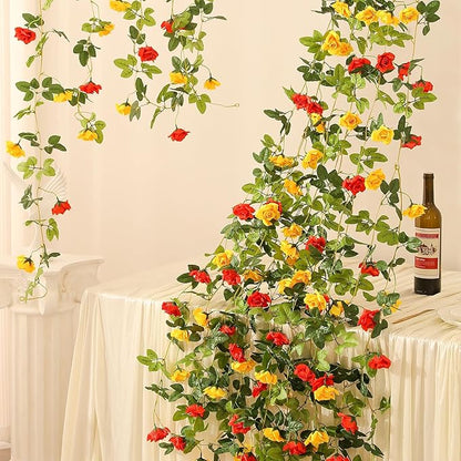 Floweroyal 4 Pack Artificial Flower Garlands 15.8FT Fake Rose Vines Silk Flowers Hanging Rose Ivy for Wedding Arch Party Home Garden Wall Decor (Orange Yellow)