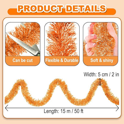 50 Feet Christmas Foil Fringe Banner Metallic Tassle Garland Metallic Backdrop Parade Floats Shiny Hanging Ceiling, Valentine's, Wedding, New Year Party Decorations(2" x 50', Macaron Orange)