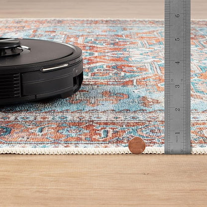 Bloom Rugs Washable Non-Slip 8' x 10' Rug - Coral/Sky Blue Traditional Medallion Area Rug for Living Room, Bedroom, Dining Room, and Kitchen - Exact Size: 8' x 10'