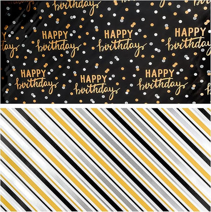 LeZakaa Reversible Black Birthday Wrapping Paper Roll for Boys Men, Happy Birthday Lettering & Stripe Pattern with Metallic Gold Foil in Black, Mini Roll, 17 inches x 32.8 Feet (46.45 sq.ft.)