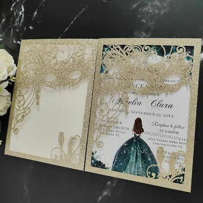 20PCS Masquerade Invitations, masquerade wedding invites, laser cut invitation pockets for quinceanera,xv,16 birthday,bridal shower,wedding,Anniversary,holiday party,etc. (glitter light gold)