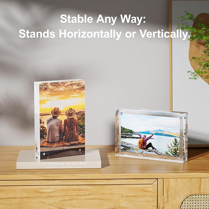 5 Pack 4x6 Acrylic Picture Frames - 20% Thicker Double Sided Magnetic Frame with UV Protection - Freestanding Clear Frameless Display for Tabletops - Modern Photo Frame Set for Home & Office Decor