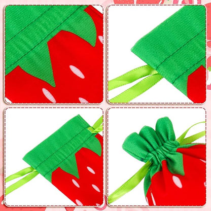 Whaline 12Pcs Strawberry Shaped Treat Bags Red Green Strawberry Drawstring Bags Cute Fruit-Themed Gift Pouches for Item Storage Jewelry Packaging