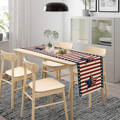 4th of July Table Runner, Patriotic Independence Day American Stars Stripes Flag Print Table Runner for Farmhouse Kitchen Dining Holiday Birthday Party, 13x60inch