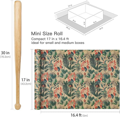 RUSPEPA Kraft Christmas Wrapping Paper Roll, Mini Roll, Watercolor Winter Botanical Design with Pinecones, Holly and Poinsettia, Kraft Gift Wrap for Xmas Holiday, Winter Party, 17 Inches x 16.4 Feet