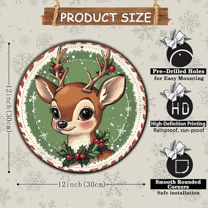 Round Retro Reindeer Metal Tin Sign - Vintage Christmas Decor for Home Coffee Wall - 12 * 12 in
