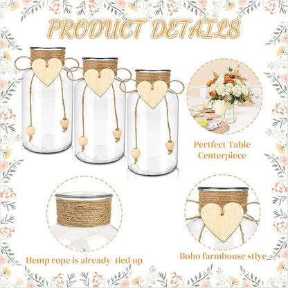 Vintage Glass Vases for Flowers, Set of 3 Mason Jar Vase Table Centerpieces for Farmhouse Room Decor, Wedding, Bridal Shower Bud Vase Set (Medium)