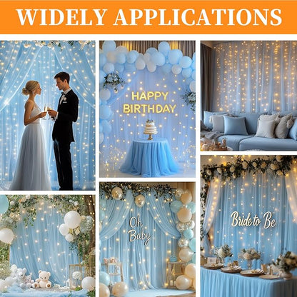 10x10ft Baby Blue Tulle Backdrop Curtain with String Lights, Wrinkle-Free Sheer Baby Shower Backdrop for Birthday Party, Bridal Shower, Photo Shoots, Wedding and Home Decorations, Baby Blue