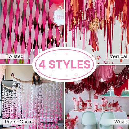 PartyWoo Pink and Red Crepe Paper Streamers 4 Rolls 328 ft Pack of Hot Pink and Red Crepe Paper for Baby Shower Valentine's Day Bachelorette Birthday Party Decorations (1.8 Inch x 82 Ft/Roll)