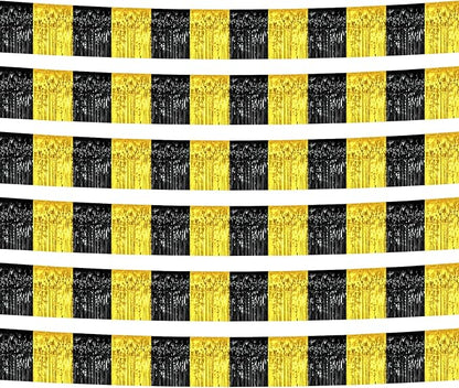 6 Pack 10 Feet Black Gold Foil Fringe Garland Metallic Tinsel Streamers Banner Wall Hanging Curtain Backdrop Banner for Parade Floats, Thanksgiving, Christmas, Birthday, Halloween Party Decorations