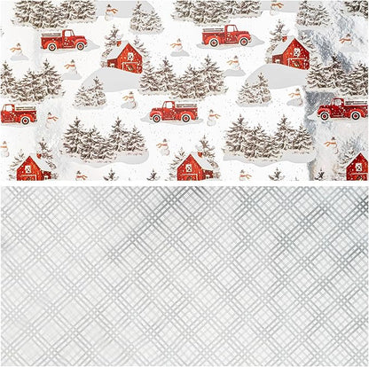 LeZakaa Christmas Silver Wrapping Paper Mini Roll for Boy Kid, Red Truck, Snowy Pine Forest & Grid Plaid, Silver Foil Reversible Design for Winter Holiday Family Gathering, 17 inches x 32.8 Feet