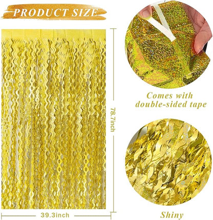 2 Pack Gold Fringe Curtain Backdrop Tinsel Streamers Birthday Party Decorations Photo Booth Backdrop Halloween New Year Graduation Theme Party Decorations