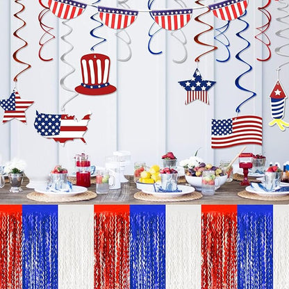6 Pack 29 x108 Inch White Blue Red Wave Foil Fringe Table Skirts Metallic Banner for Tinsel Streamer Garland Backdrop for Parade Floats, Mother's Day, Easter, Wedding, Birthday Party Decoration