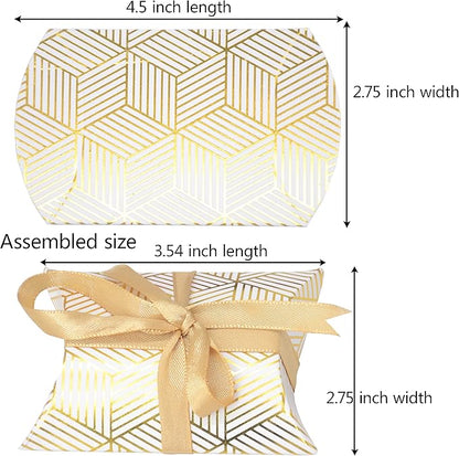 Aokbean 100 Pack Mini Pillow Candy Box Small Gift Boxes with 50 Yards Ribbon for Christmas Wedding Party Favor Gift, Jewelry or Soap Packaging (Gold Stripes)