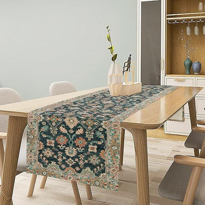 Vintage Boho Floral Table Runner, Rustic Country Farmhouse Blue Teal Red Bohemia Flower Pattern for Home Kitchen Table Decor Dining Coffee Room Party Decor 13x60in